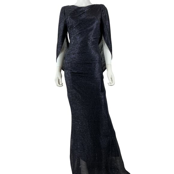 Betsy & Adam Blue Polyester Cape Sleeve Metallic Crinkle Gown Size 4 - Picture 3 of 4
